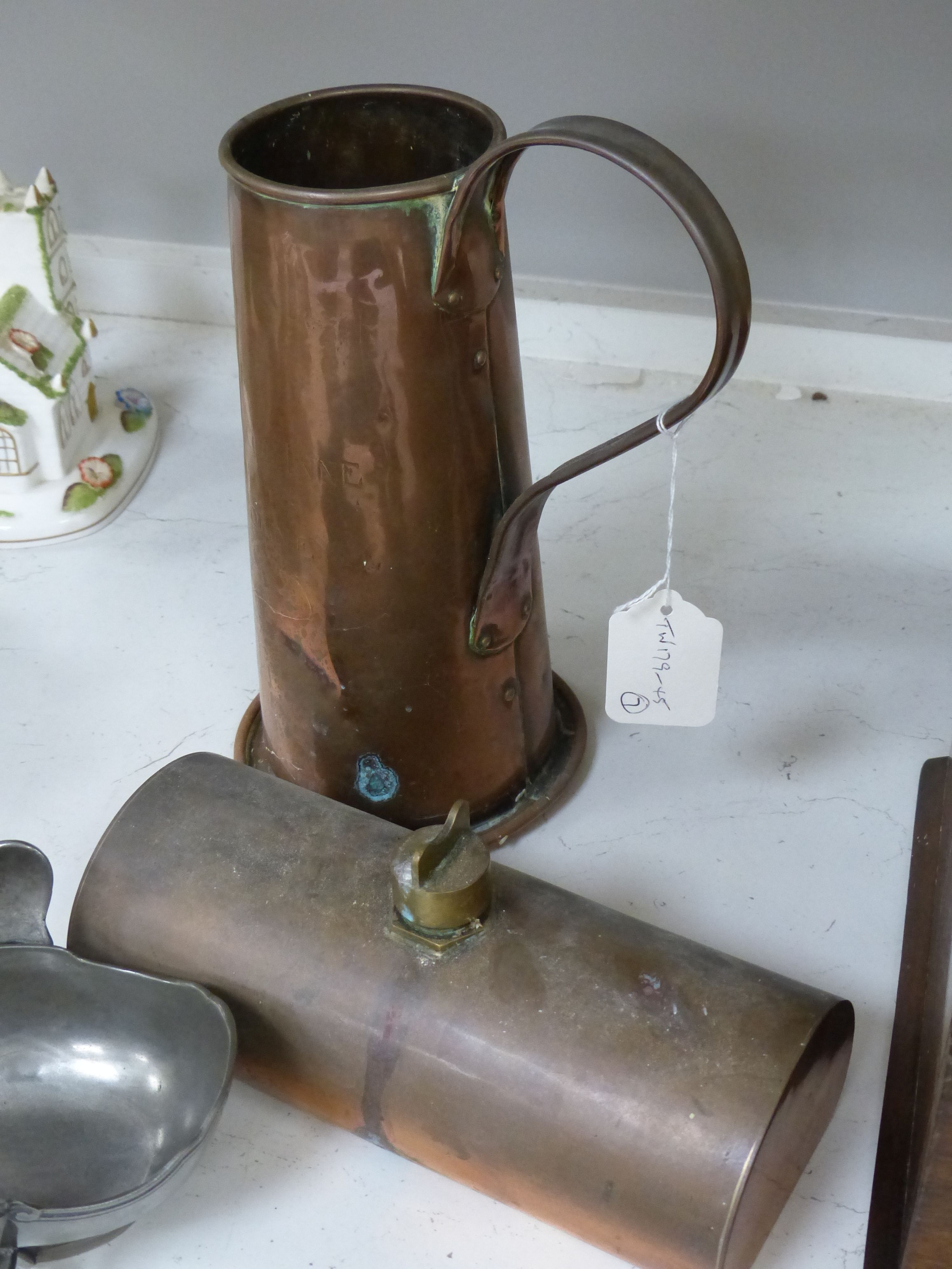 Miscellaneous items, including a pewter inkwell, three pairs of cut steel scissors, leather-cased, a pair of opera glasses, a copper jug, etc.